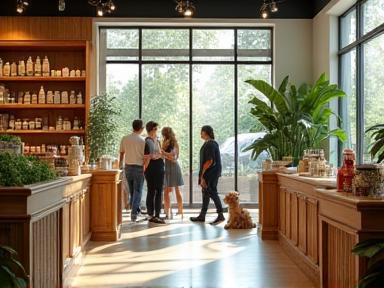 Photo réaliste de l'intérieur de la boutique avec produits naturels et clients accompagnés de leurs animaux